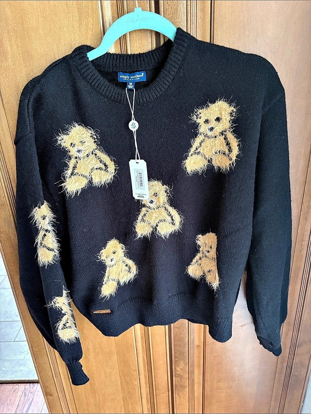 Simply Southern Fuzzy Teddies Sweater Teddy Bear Sweater in Black Size Medium